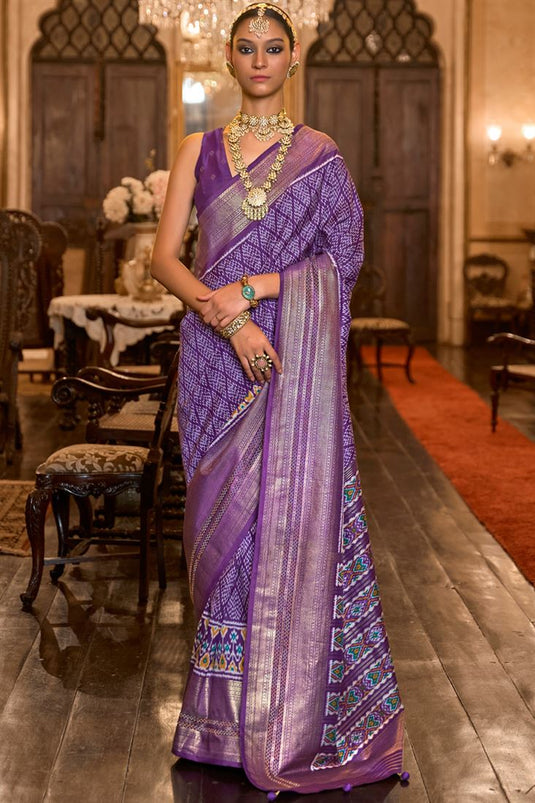 Stylish Patola Silk Saree In Purple Color With Printed Designs