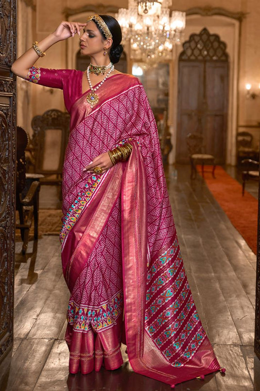 Charming Patola Silk Pink Color Saree with Weaving Border