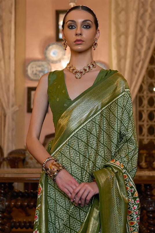 Fashionable Printed Patola Silk Mehendi Green Color Saree