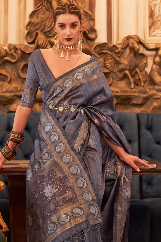 Dark Grey Color Tusser Silk Saree with Lovely Weaving Work For Modern Party