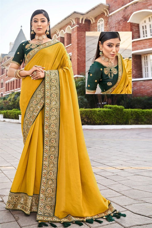 Yellow Color Vichitra Silk Chic Lace Border Work Saree