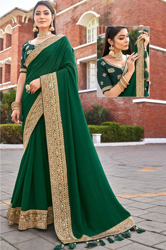 Vichitra Silk Brilliant Lace Border Work Saree In Dark Green Color