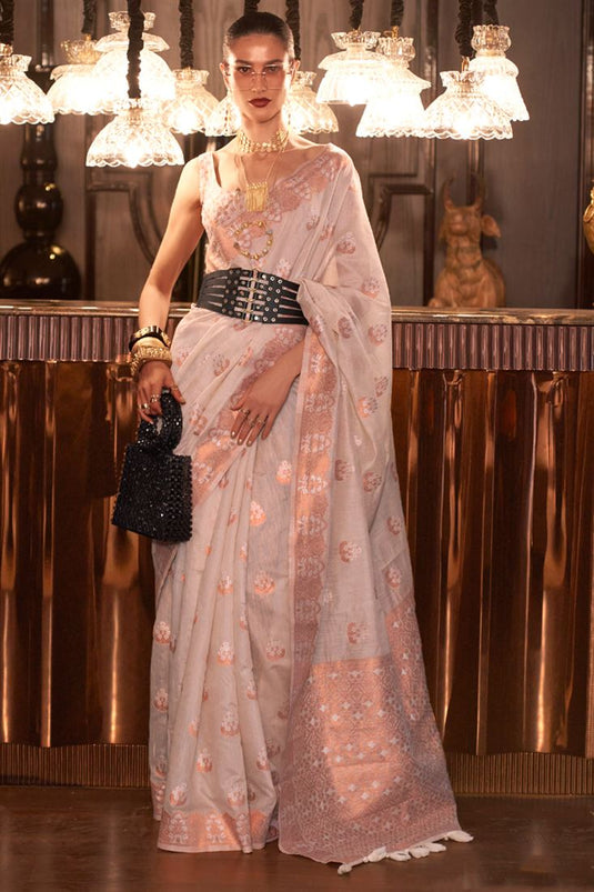 Contemporary Off White Saree in Klassima Silk with Weaving Work