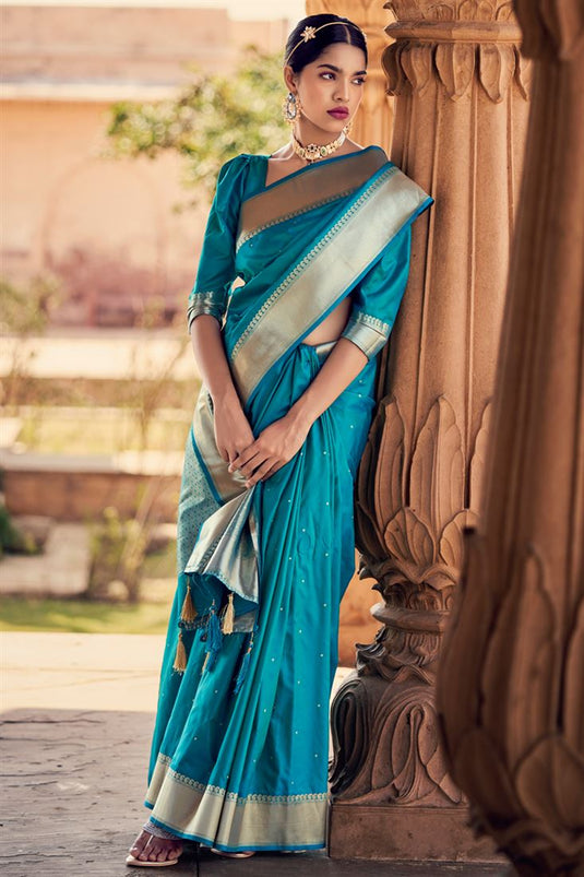 Cyan Color Winsome Weaving Work Banarasi Silk Saree