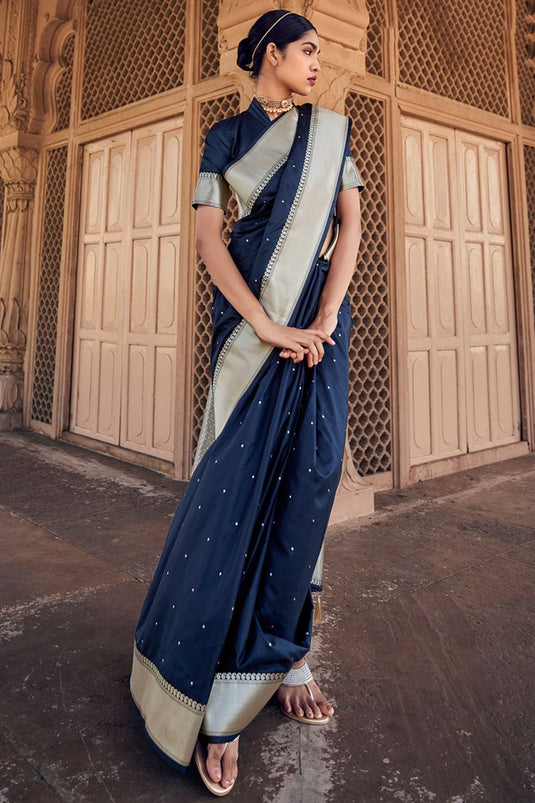 Incredible Navy Blue Color Weaving Work Banarasi Silk Saree