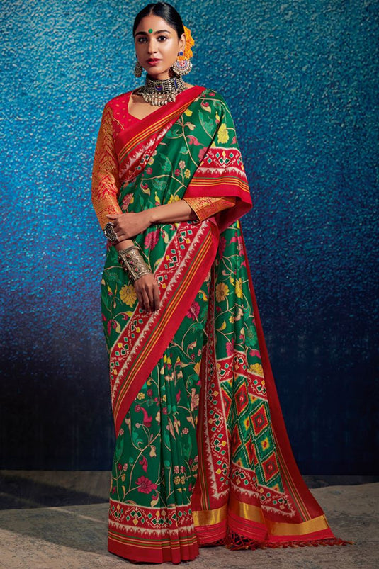 Radiant Green Color Printed Tusser Silk Patola Saree