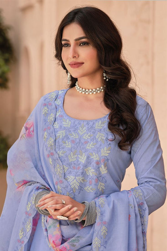 Ginni Kapoor Sky Blue Color Embroidered Cotton Exceptional Salwar Suit