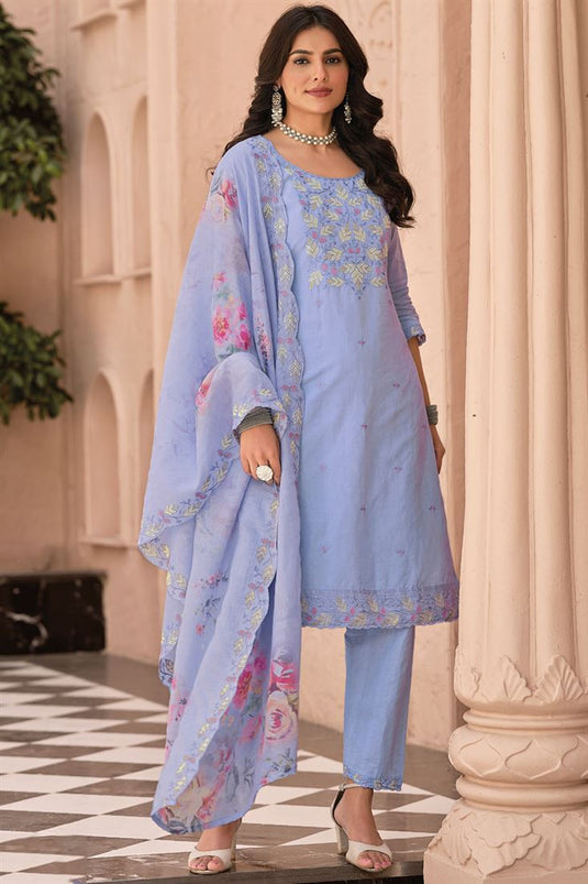 Ginni Kapoor Sky Blue Color Embroidered Cotton Exceptional Salwar Suit