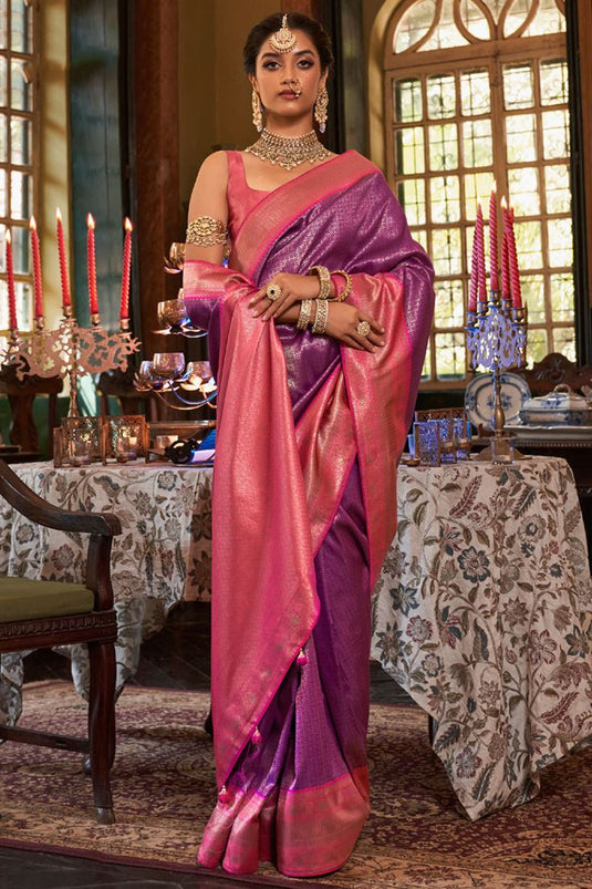 Excellent Silk Fabric Purple Color Saree With Weaving Work