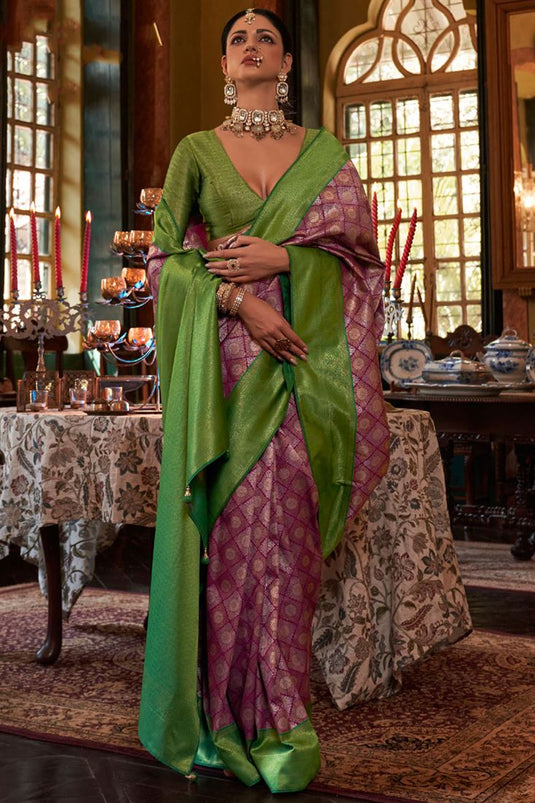 Silk Fabric Burgundy Color Saree With Winsome Weaving Work