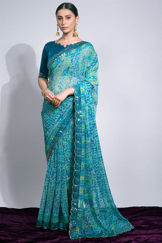 Trendy Cyan Color Chiffon Saree with Printed Patterns