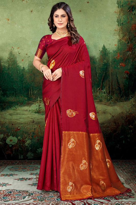 Vibrant Red Color Festive Saree in Art Silk with Weaving Work