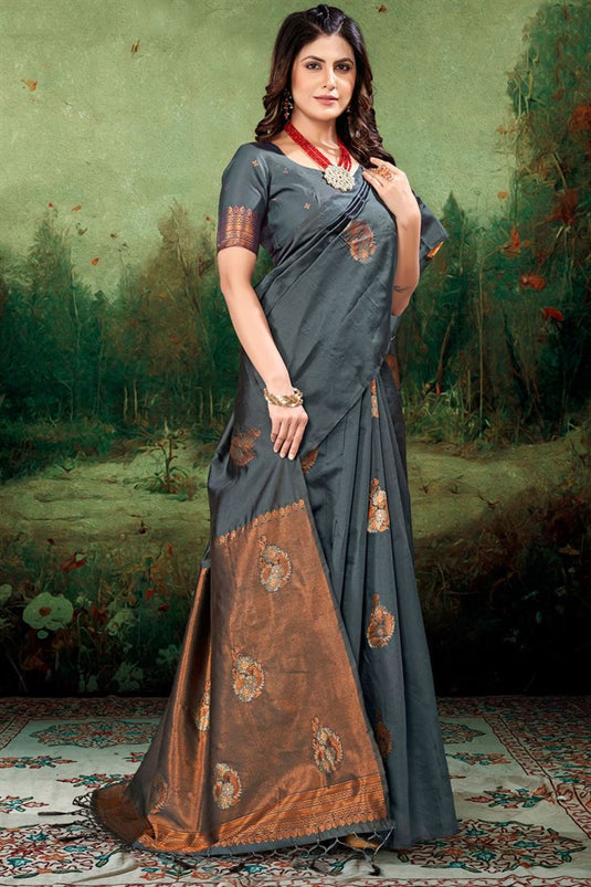 Elegant Art Silk Grey Color Saree with Weaving Work