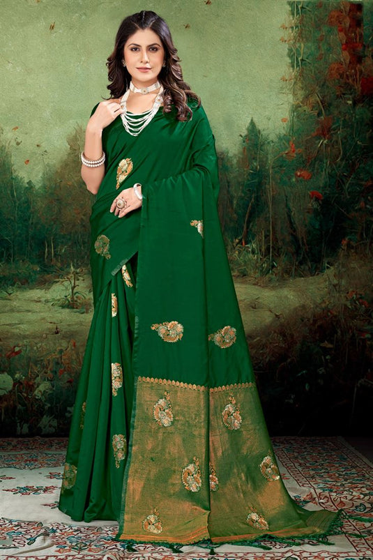 Exquisite Art Silk Green Color Saree with Weaving Details