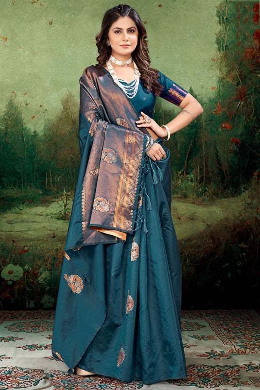 Festive Teal Color Saree in Art Silk with Striking Weaving Patterns