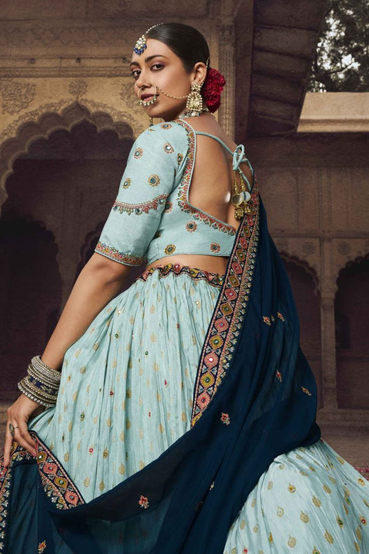 Traditional Viscose Embroidered Light Cyan Color Lehenga