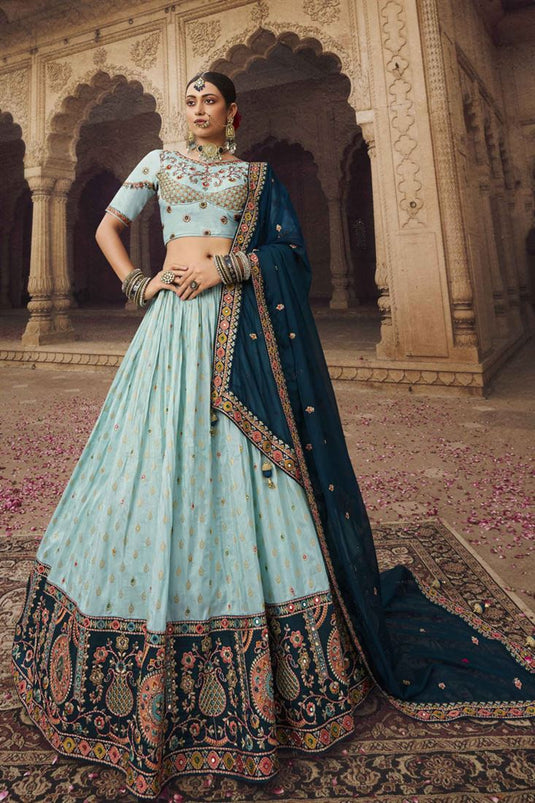 Traditional Viscose Embroidered Light Cyan Color Lehenga