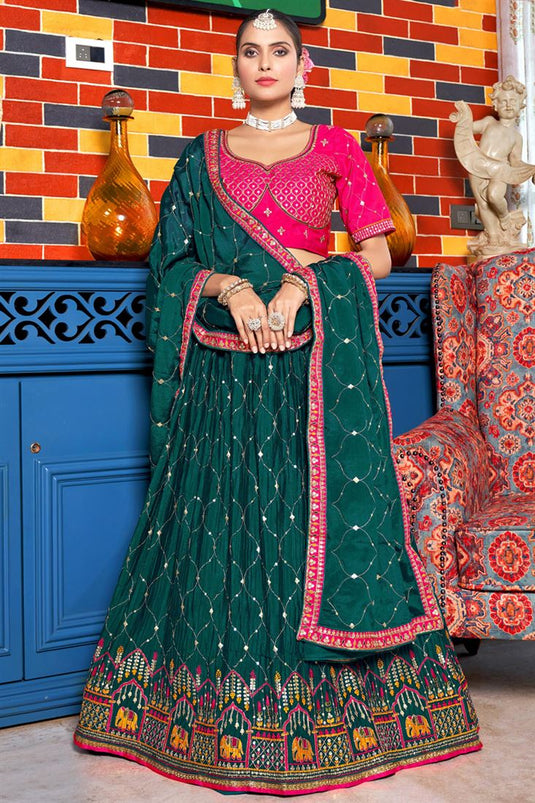 Teal Color Embroidered Work Beatific Wedding Wear Lehenga Choli