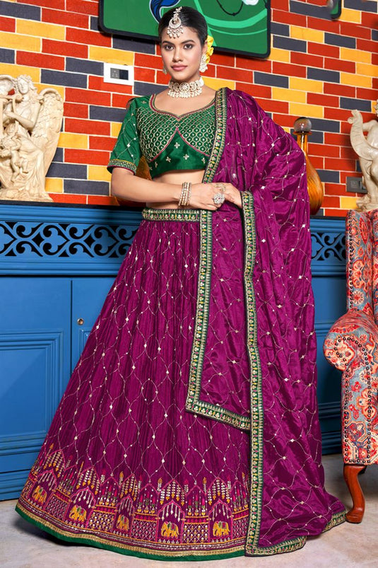 Embroidered Magenta Color Wedding Wear Lehenga Choli In Chinon Fabric