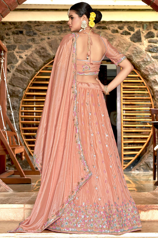 Embroidered Peach Color Wedding Wear Lehenga Choli In Chinon Fabric