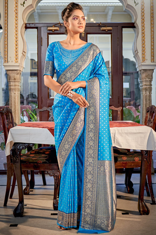 CM - Sky Blue Lichi Silk Saree - Indian