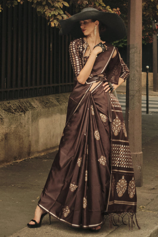 Pure Satin Silk Fabric Brown Color Handloom Zari Weaving Work Festive Wear Trendy Saree