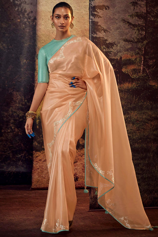 Lavishing Peach Color Art Silk Fabric Fancy Work Saree