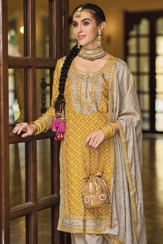 Karva Chauth Special Chinon Fabric Yellow Color Embroidered Readymade Punjabi Style Palazzo Salwar Suit