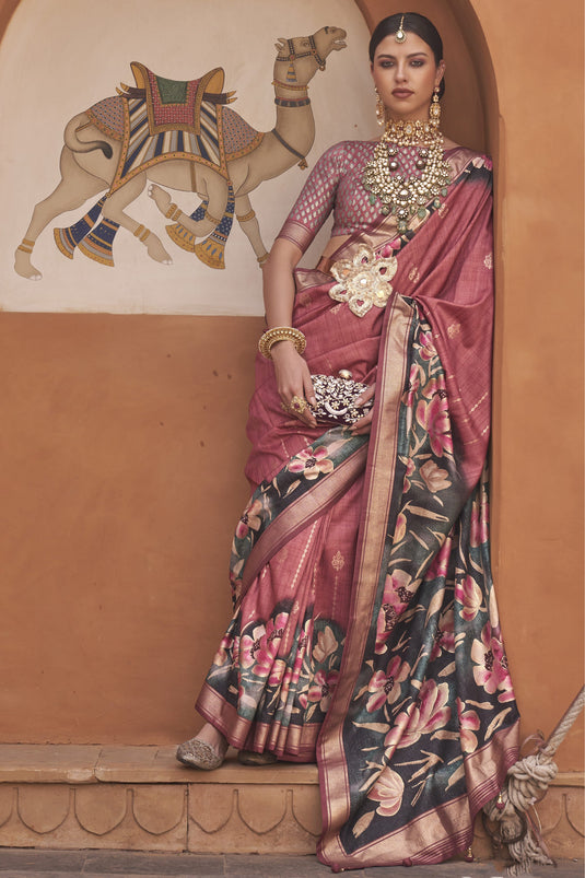 Smashing Peach Color Printed Art Silk Fabric Saree With Same Color Blouse