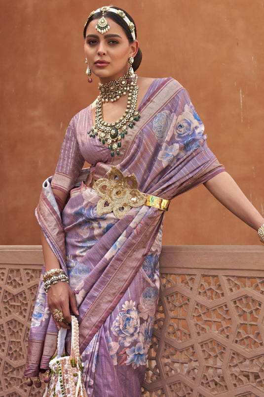 Glorious Look Printed Art Silk Fabric Lavender Color Saree With Same Color Blouse