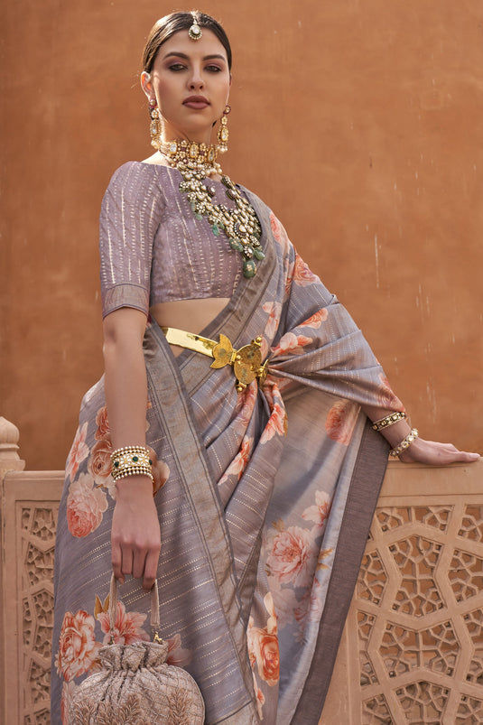 Grey Color Printed Art Silk Fabric Charming Look Saree With Same Color Blouse