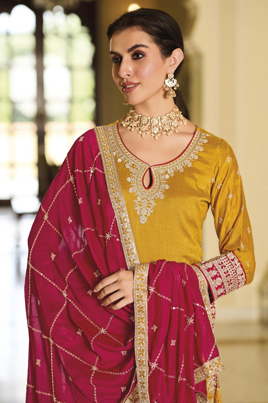 Karva Chauth Special Embroidered Yellow Color Readymade Designer Salwar Suit In Art Silk Fabric