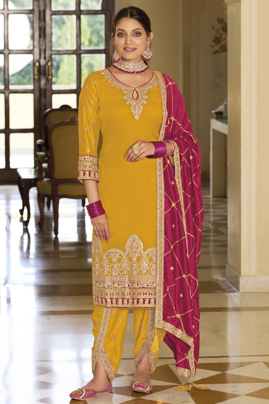 Karva Chauth Special Embroidered Yellow Color Readymade Designer Salwar Suit In Art Silk Fabric