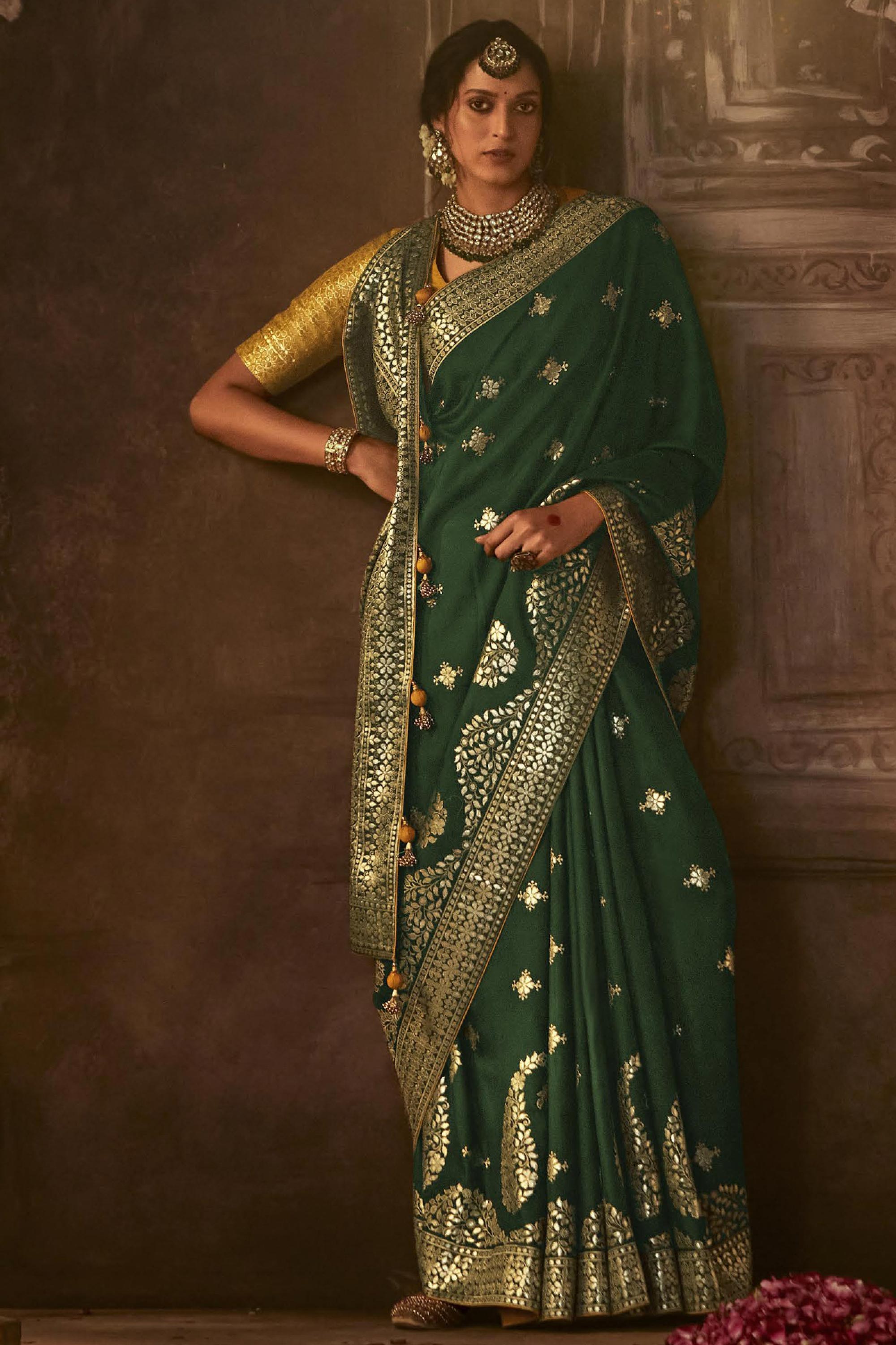 Emerald Green Satin Silk Saree with Kashmiri Tilla Work Blouse