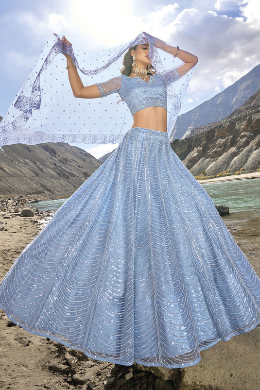 Light Cyan Color Net Fabric Bridal Lehenga Choli With Fancy Work