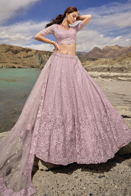 Pink Color Organza Fabric Fancy Work Bridal Look 3 Piece Lehenga Choli