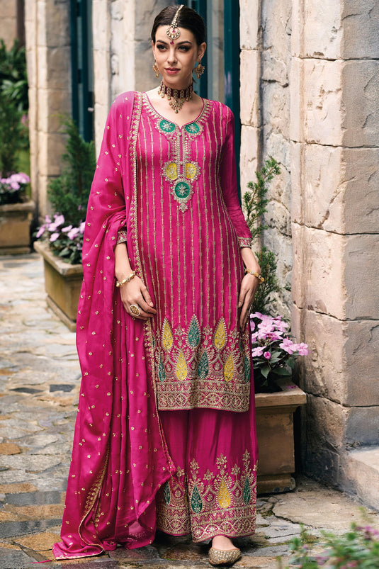 Magenta Color Embroidered Palazzo Suit In Chinon Fabric