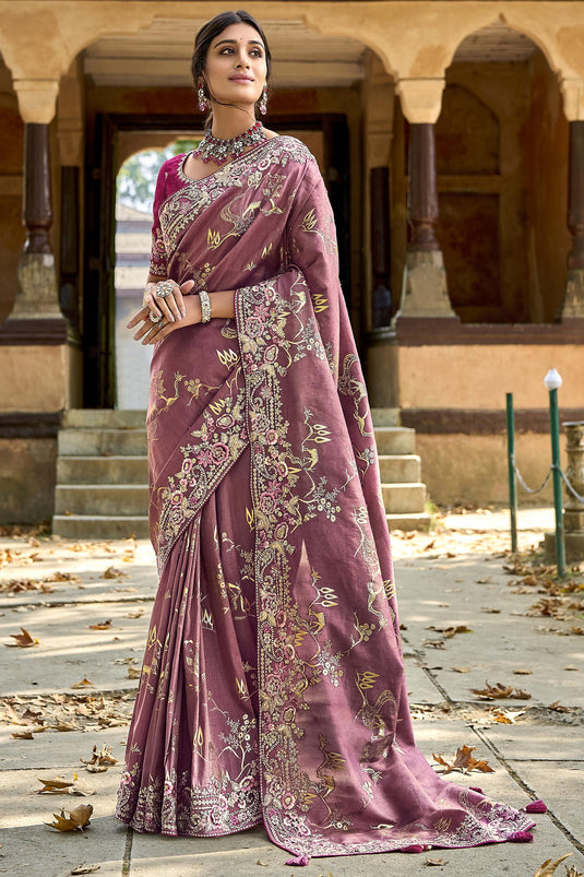 Imperial Wine Color Silk Saree With Heavy Embroidered Blouse