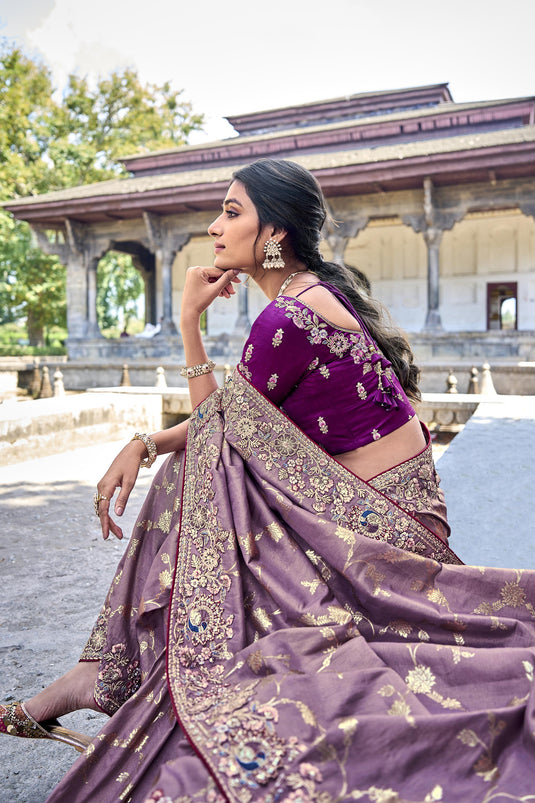 Excellent Silk Purple Color Saree With Heavy Embroidered Blouse