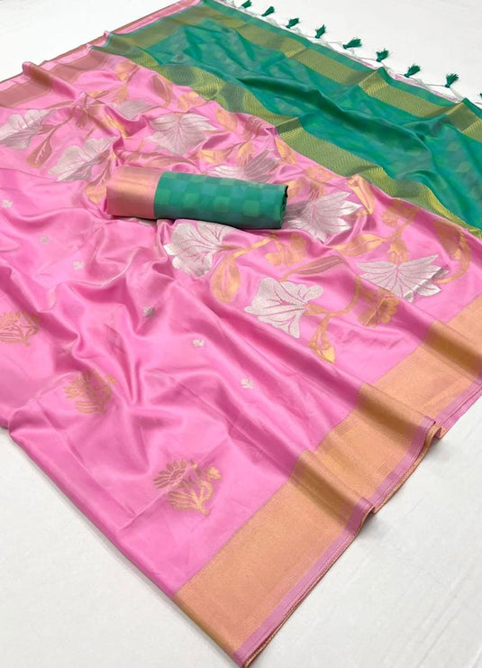 Weaving Work Art Silk Fabric Pink Color Provocative Saree