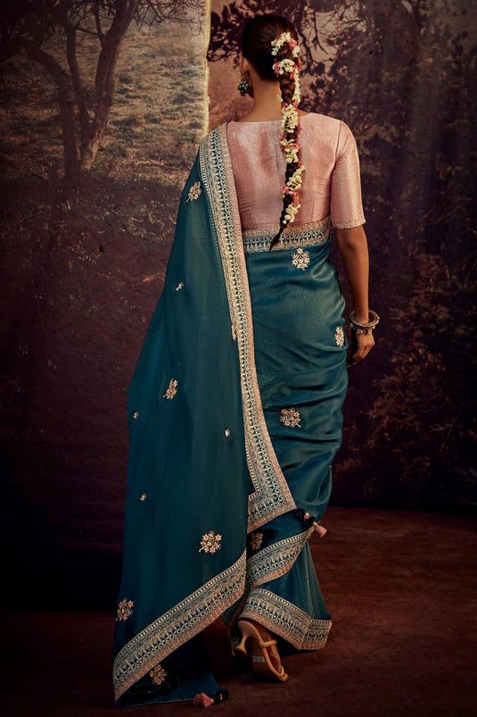 Glorious Look Fancy Work Art Silk Fabric Teal Color Saree