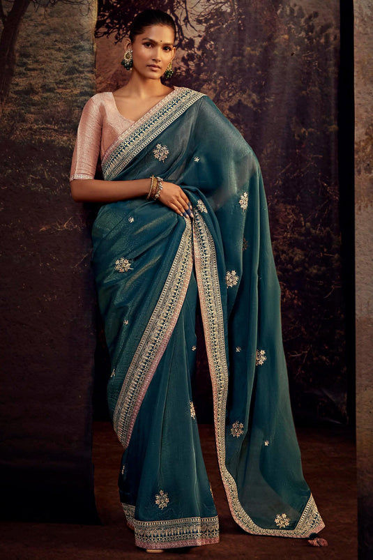 Glorious Look Fancy Work Art Silk Fabric Teal Color Saree