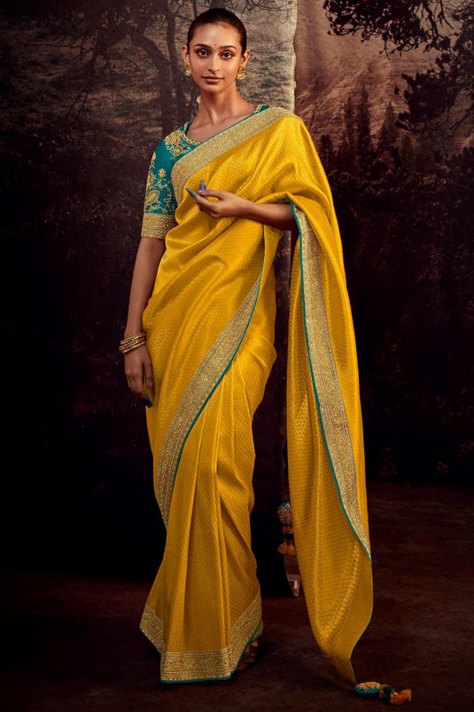 Eye Captivating Yellow Color Art Silk Fabric Fancy Work Saree