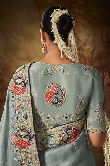Charm Light Cyan Embroidery Work Banarasi Kanjivaram Saree