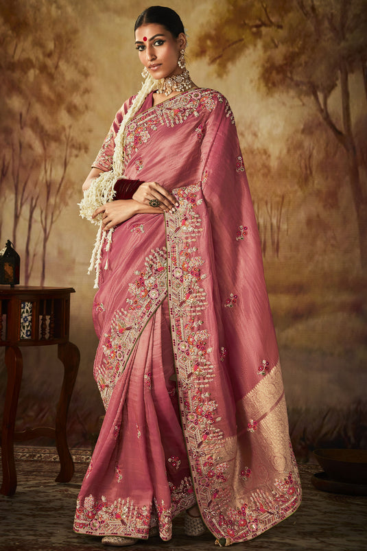 Pink Color Pleasant Embroidery Work Banarasi Kanjivaram Saree