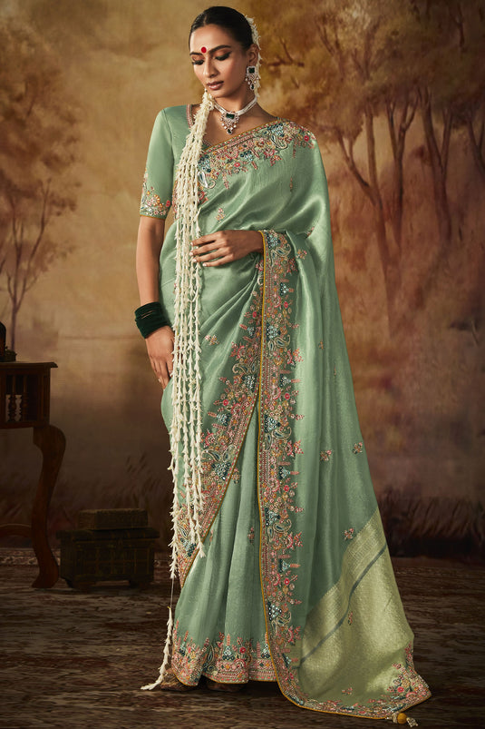 Soothing Sea Green Color Embroidery Work Banarasi Kanjivaram Saree