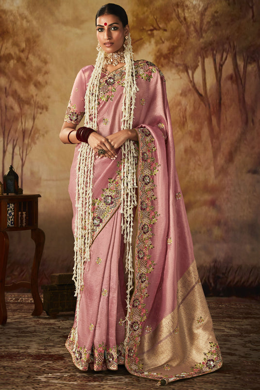 Lavishing Pink Color Embroidery Work Banarasi Kanjivaram Saree