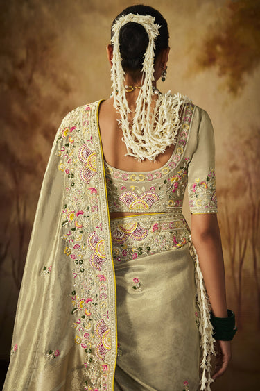 Blazing Beige Color Embroidery Work Banarasi Kanjivaram Saree