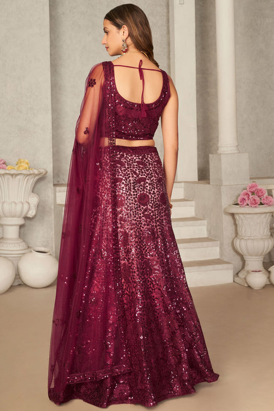 Maroon Net Lehenga Choli With Sequins Embroidery Work