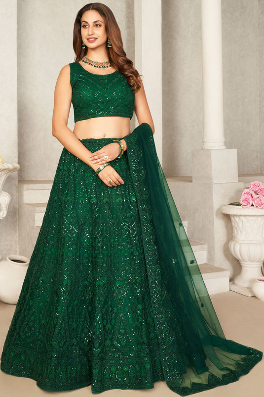 Dark Green Net Sequins Embroidered Wedding Wear Lehenga Choli